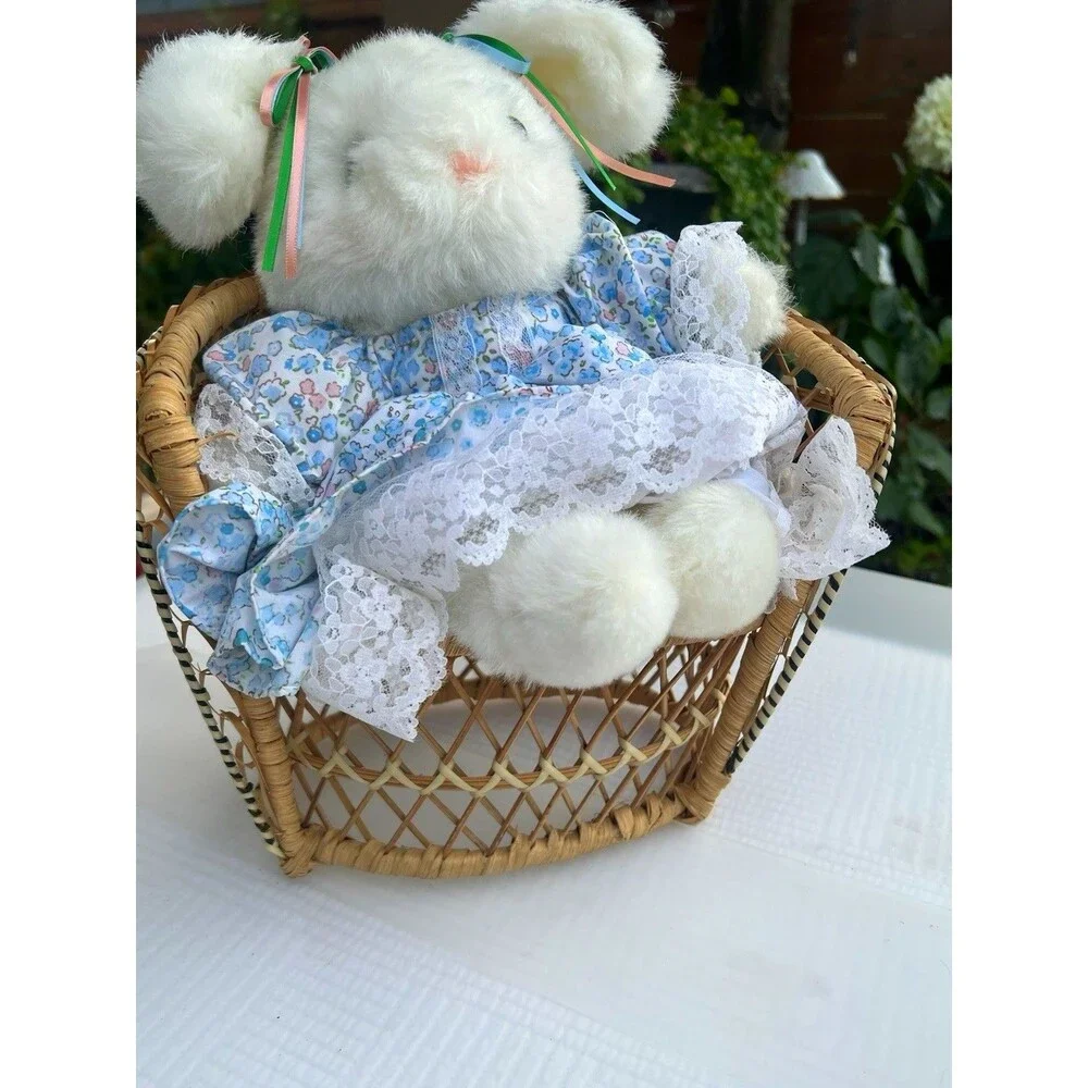 1970’s Vintage Mini Wicker Rattan Doll Chair + Bunny Cottagecore Boho Decor